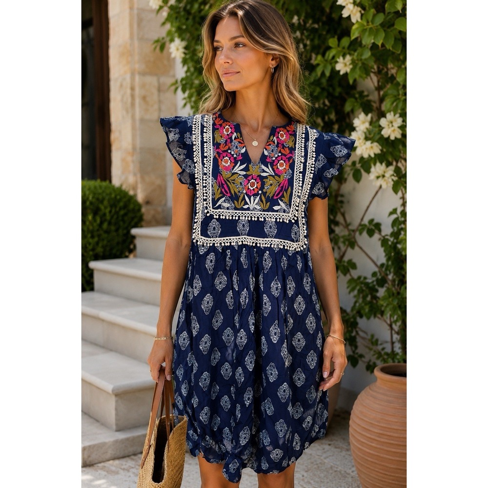 THML Embroidered Boho Babydoll Tunic Dress XS Navy Floral Cottagecore